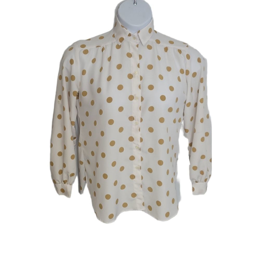 VINTAGE 80s blouse tan polka dot button up roll tab sleeve loose white top XS